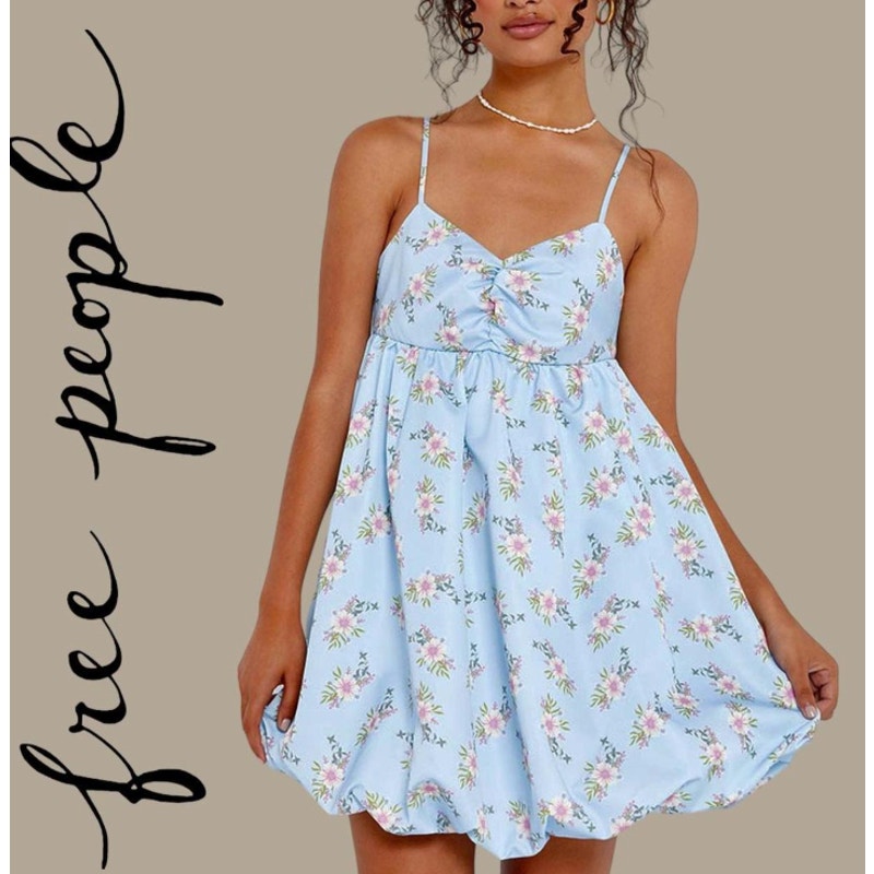 New Free People Strappy Floral Print Bubble Mini Dress Bluebell Size Large